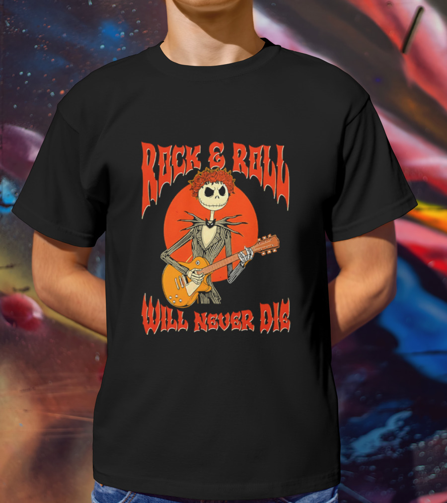 Rock And Roll Will Never Die Jack Skellington Playing Guitar T-Shirt