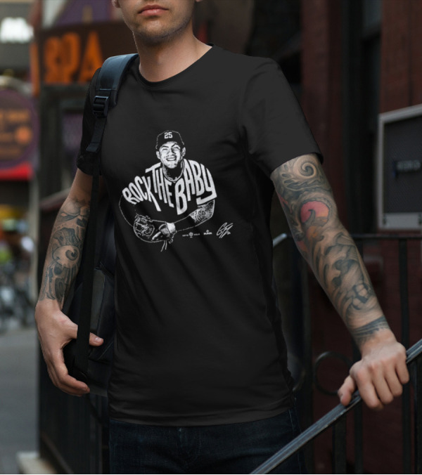Rock The Baby Josh Naylor Baseball Pose White Outlined Player T-Shirt