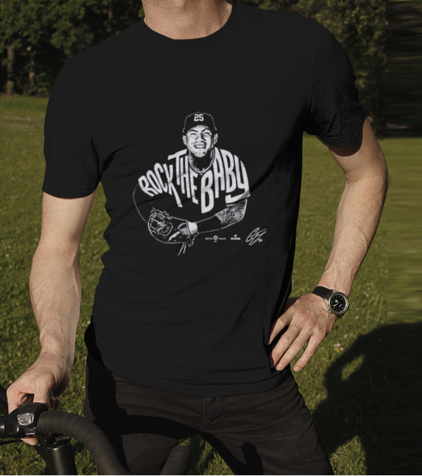 Rock The Baby Josh Naylor Baseball Pose White Outlined Player T-Shirt