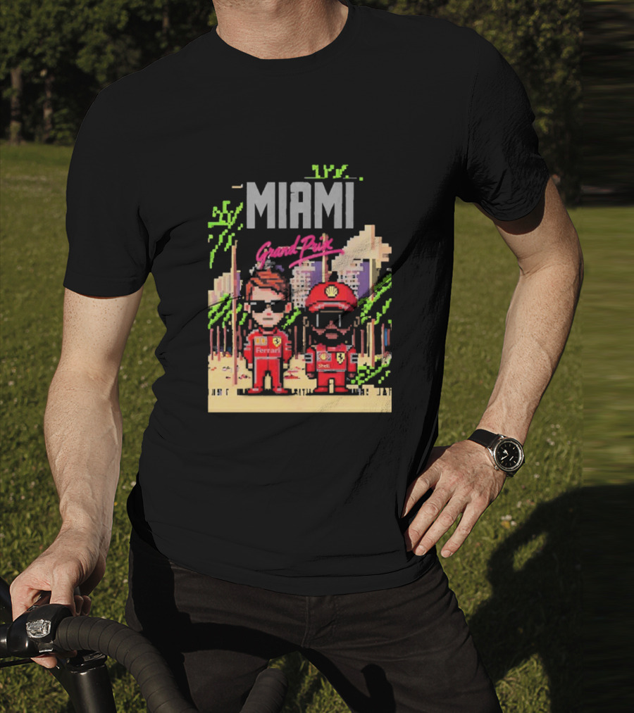 Lewis Hamilton Charles Leclerc Ferrari Team Pixel Style Miami Grand Prix 2025 T-Shirt
