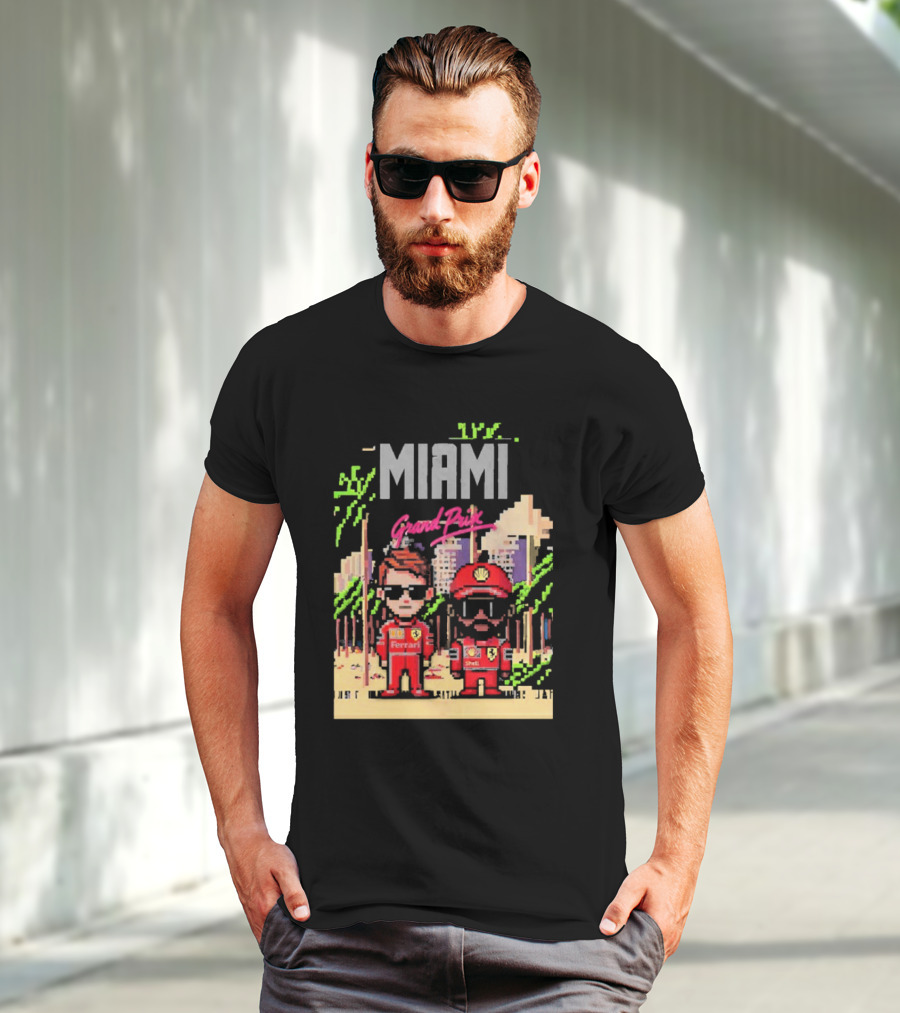 Lewis Hamilton Charles Leclerc Ferrari Team Pixel Style Miami Grand Prix 2025 T-Shirt