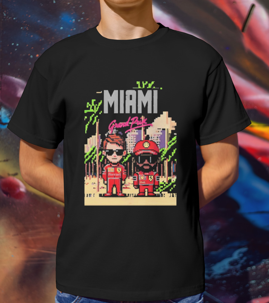 Lewis Hamilton Charles Leclerc Ferrari Team Pixel Style Miami Grand Prix 2025 T-Shirt