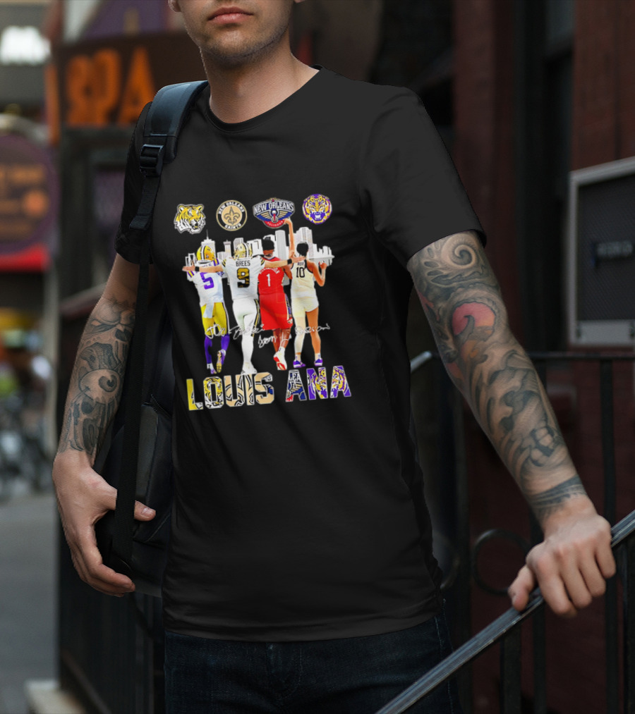 Louisiana Sports Teams 2025 Signatures Skyline Drew Brees Tiger Saint Pelican LSU T-Shirt