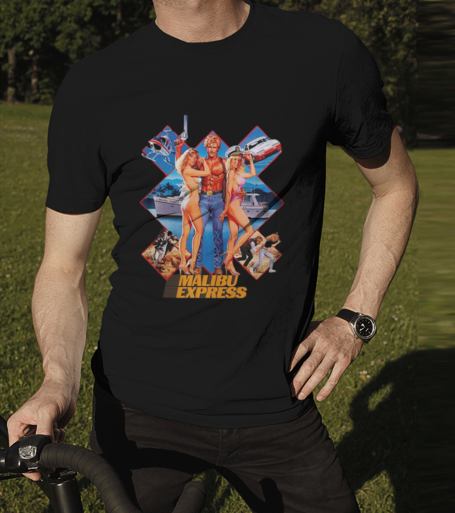 Malibu Express Action Movie 1985 Art With Yacht And Helicopter T-Shirt