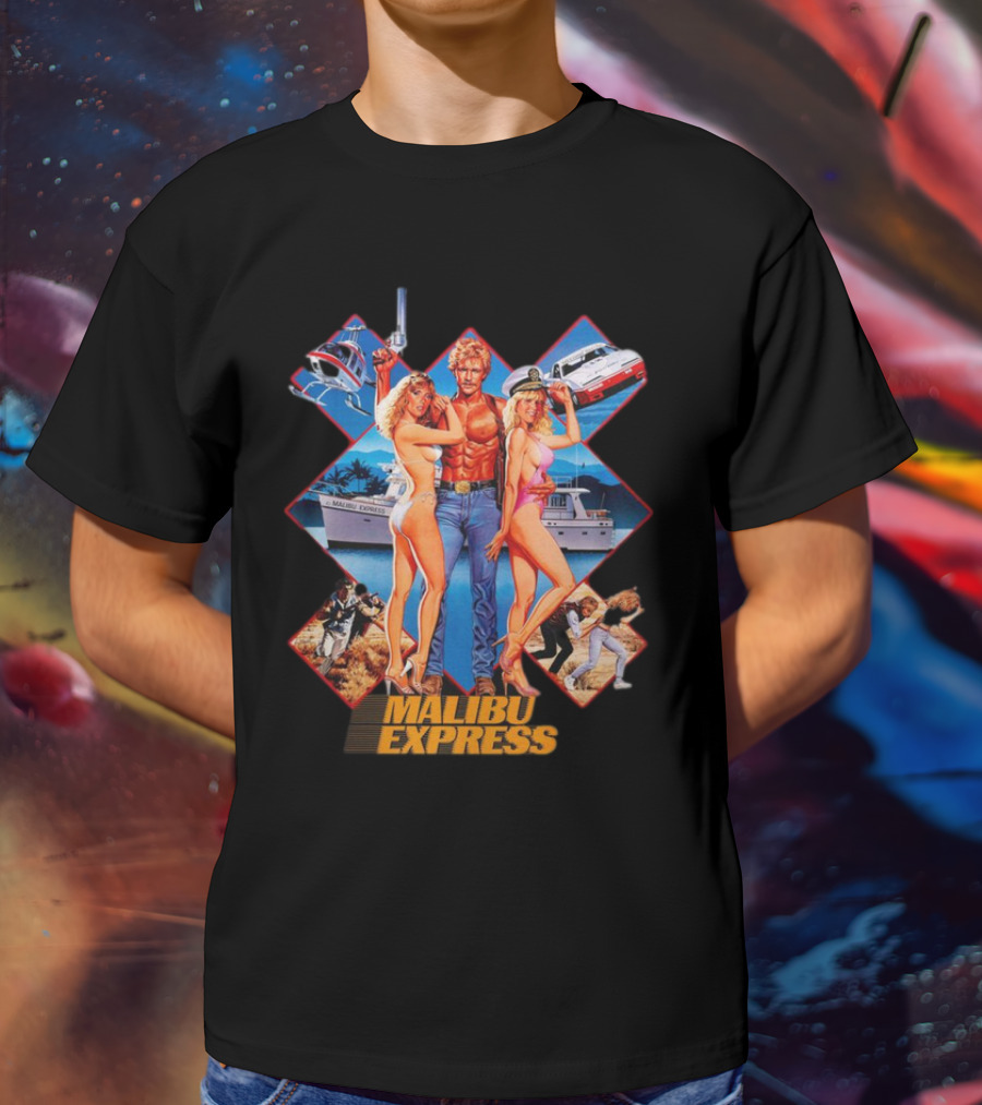 Malibu Express Action Movie 1985 Art With Yacht And Helicopter T-Shirt