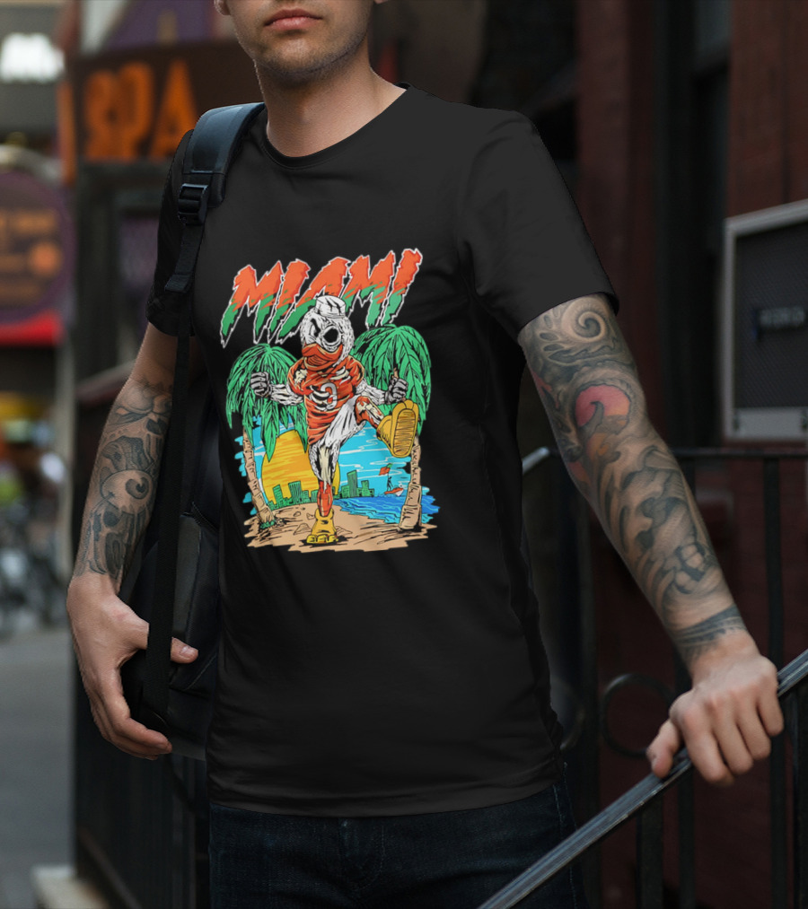 Miami Hurricanes Sebastian The Ibis Palm Trees Cityscape Sunrise T-Shirt