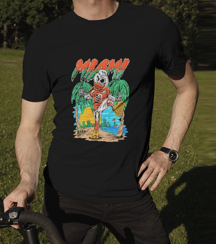 Miami Hurricanes Sebastian The Ibis Palm Trees Cityscape Sunrise T-Shirt