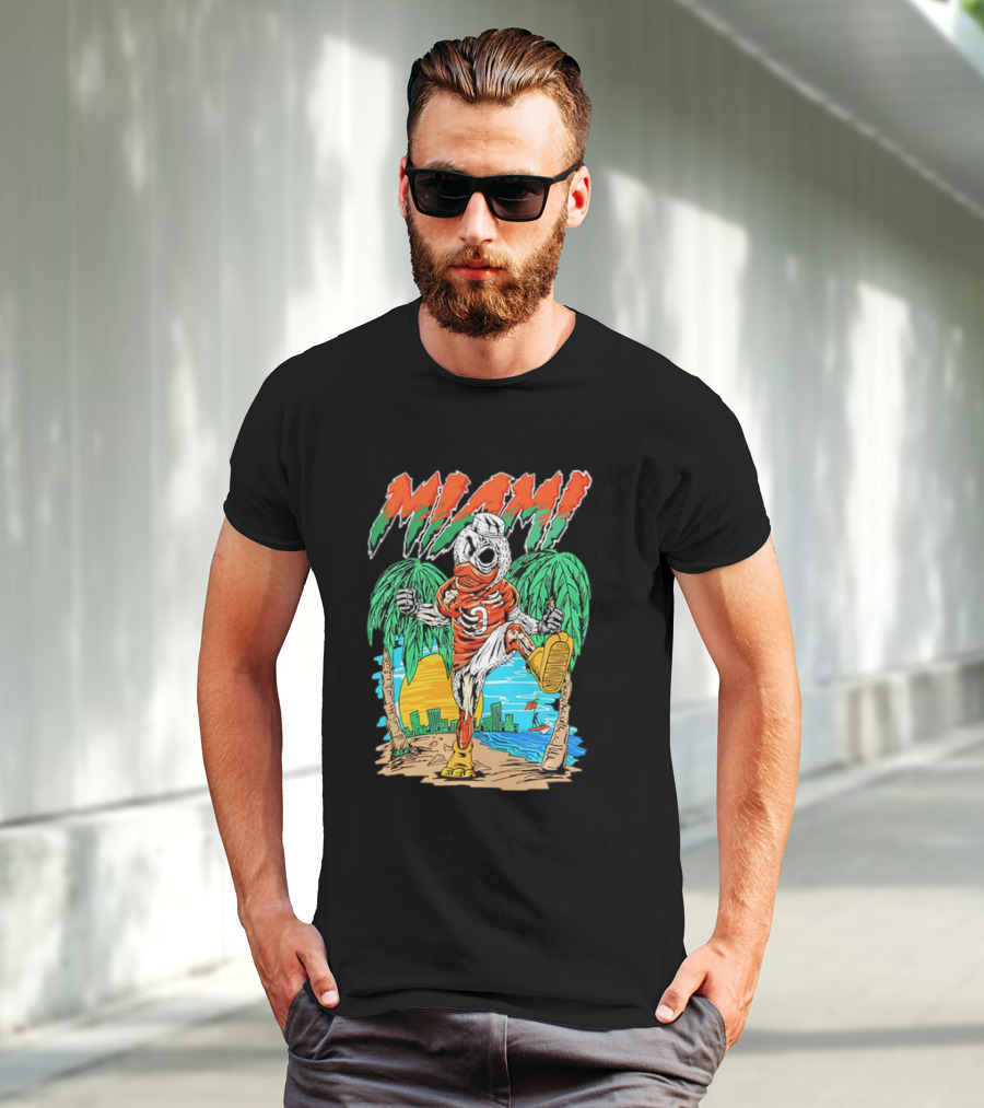 Miami Hurricanes Sebastian The Ibis Palm Trees Cityscape Sunrise T-Shirt
