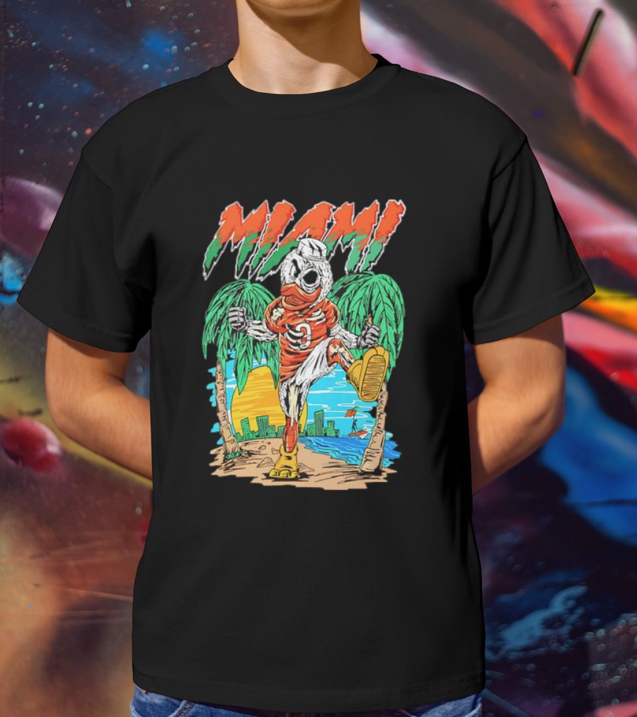 Miami Hurricanes Sebastian The Ibis Palm Trees Cityscape Sunrise T-Shirt