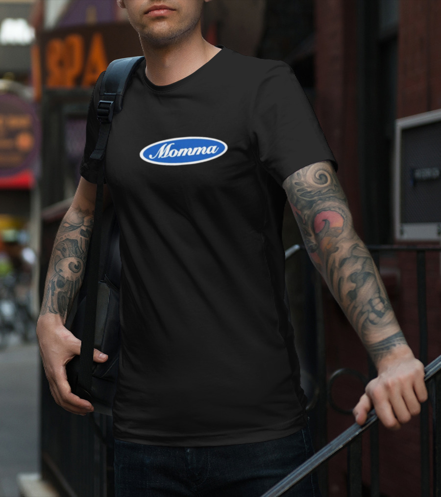 Momma Blue Oval White Script Text T-Shirt