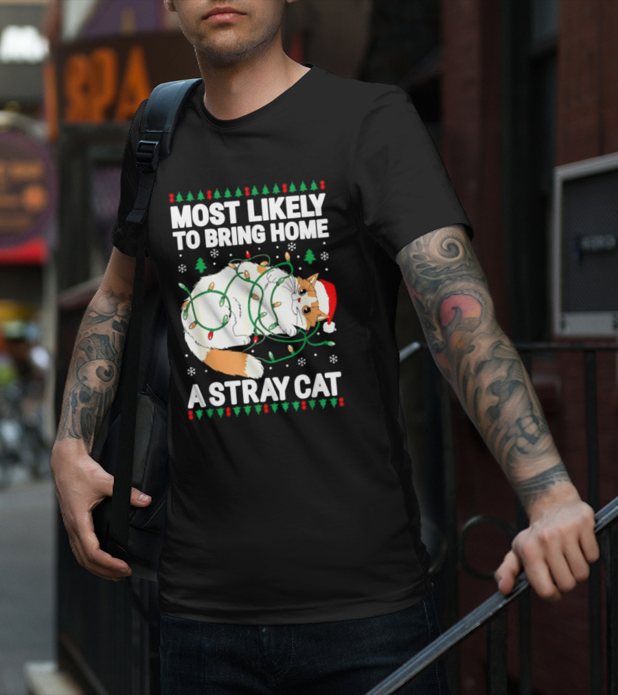 Most Likely To Bring Home A Stray Cat Christmas Lights Santa Hat Festive Holiday Cat T-Shirt