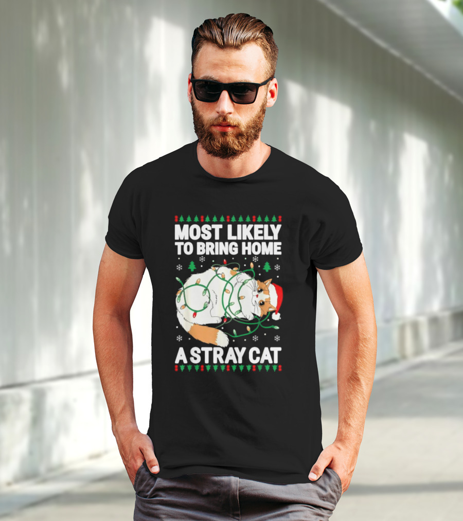 Most Likely To Bring Home A Stray Cat Christmas Lights Santa Hat Festive Holiday Cat T-Shirt