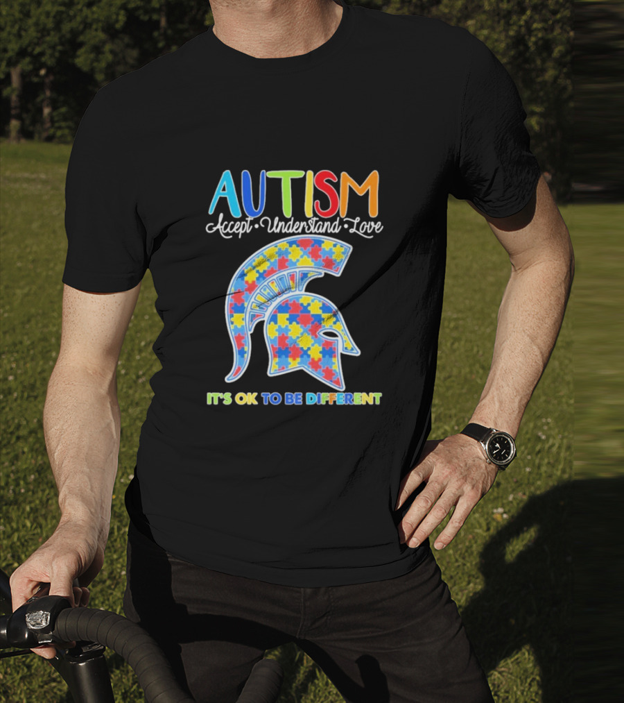 Autism Accept Understand Love It's OK To Be Different Puzzle Pattern Spartan Helmet T-Shirt