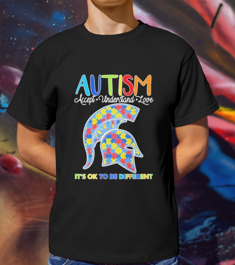 Autism Accept Understand Love It's OK To Be Different Puzzle Pattern Spartan Helmet T-Shirt