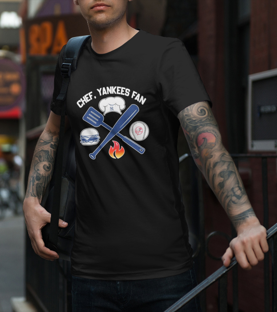 Chef Yankees Fan Hamburgers BBQ Baseball Cap Crossed Spatula Bat Fire Icon T-Shirt