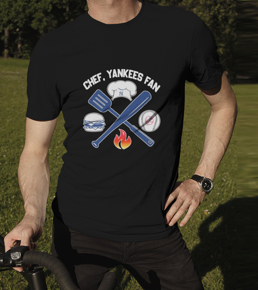 Chef Yankees Fan Hamburgers BBQ Baseball Cap Crossed Spatula Bat Fire Icon T-Shirt