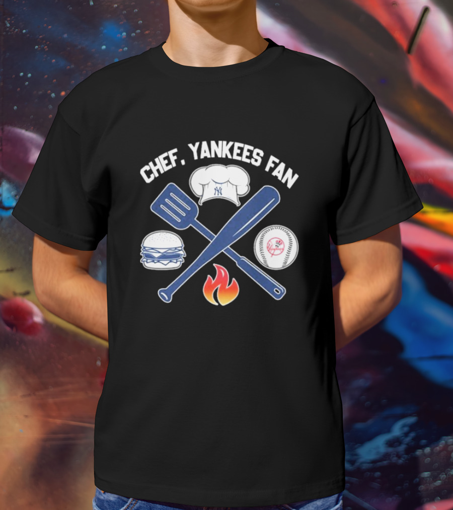Chef Yankees Fan Hamburgers BBQ Baseball Cap Crossed Spatula Bat Fire Icon T-Shirt