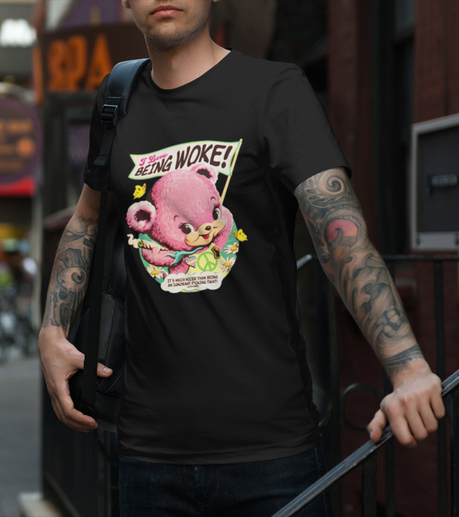 I Love Being Woke Cute Pink Bear Peace Symbol Butterflies T-Shirt