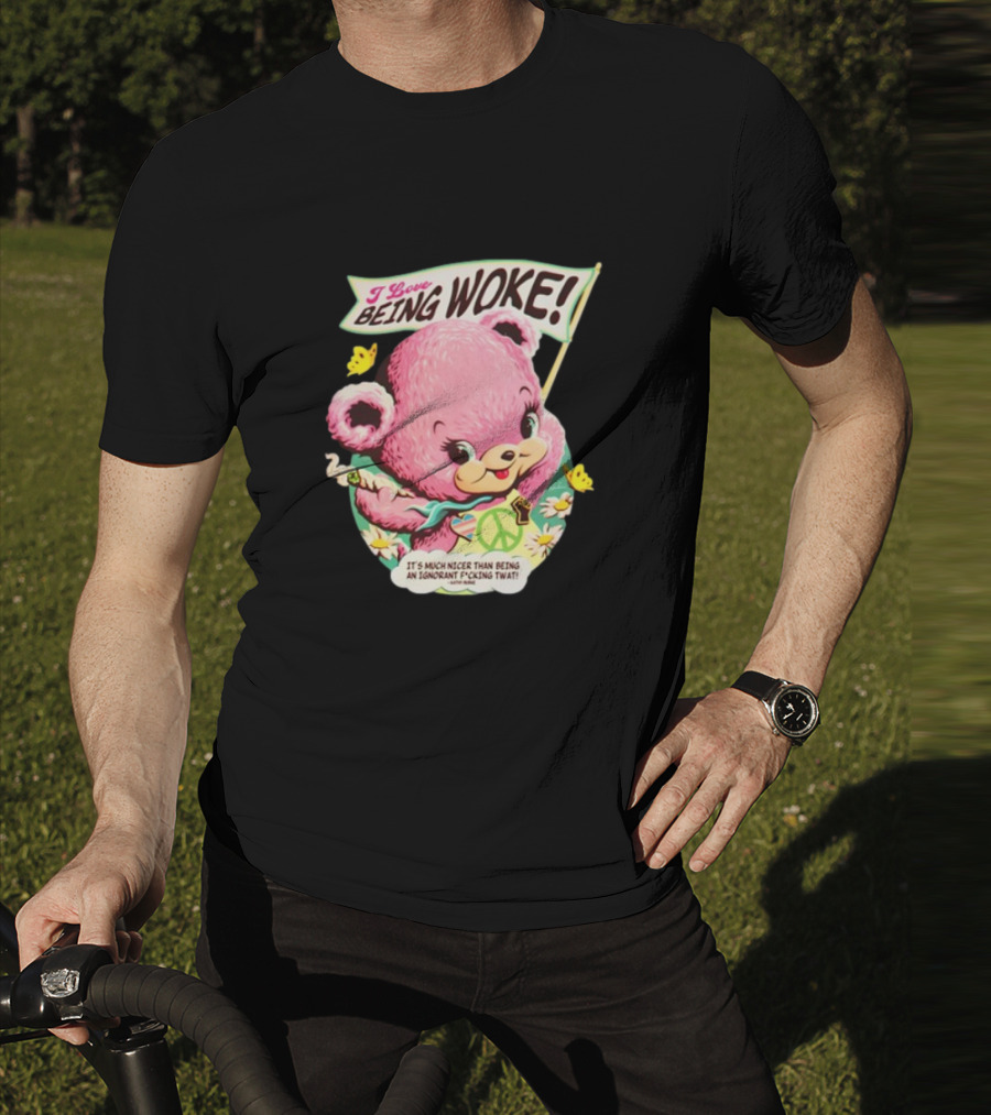 I Love Being Woke Cute Pink Bear Peace Symbol Butterflies T-Shirt