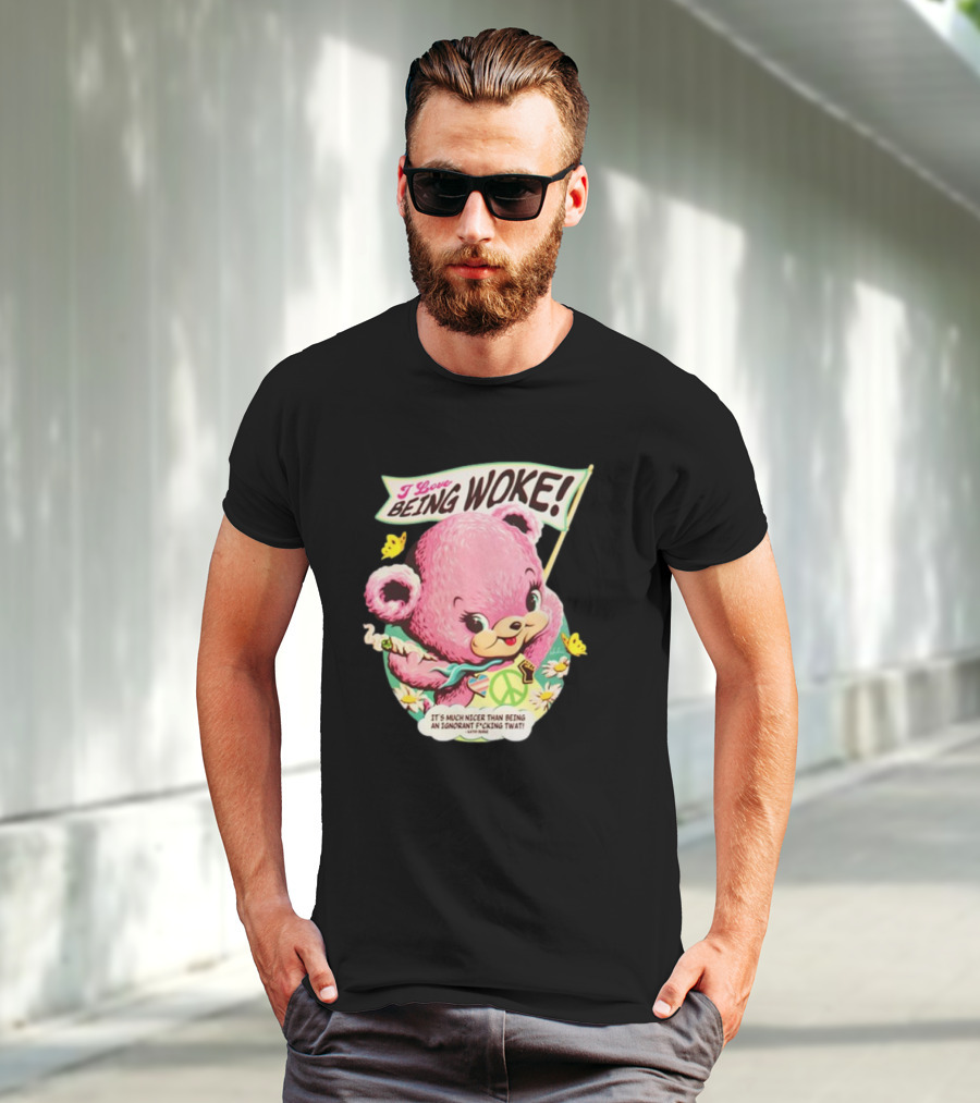 I Love Being Woke Cute Pink Bear Peace Symbol Butterflies T-Shirt