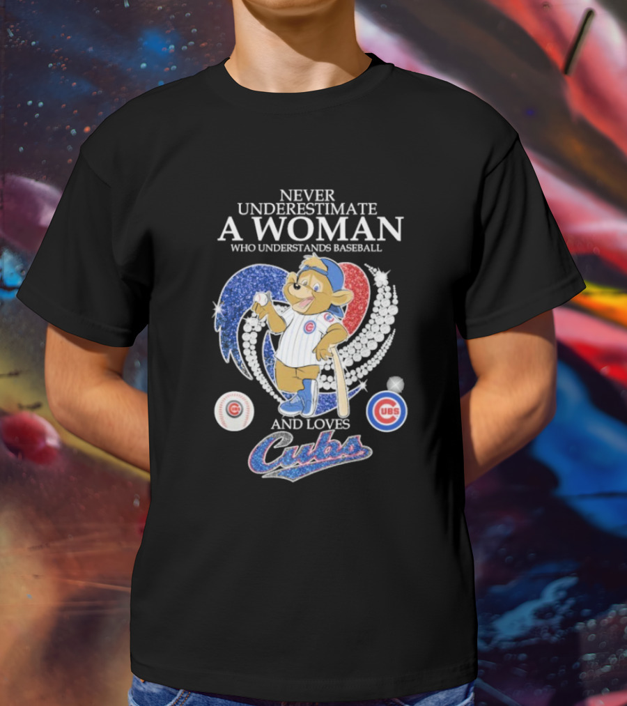 Never Underestimate A Woman Who Understands Baseball And Loves Cubs Chicago Mascot Clark Diamond Heart T-Shirt