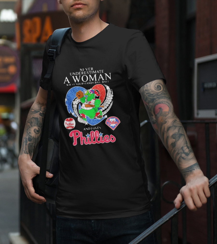 Never Underestimate A Woman Who Understands Baseball And Loves Phillies Mascot Diamond Heart T-Shirt