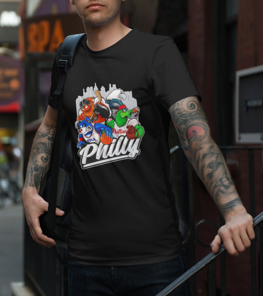 Philly Sports Mascots Basketball Baseball Hockey City Skyline T-Shirt
