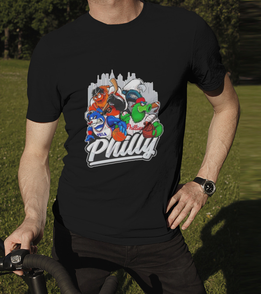 Philly Sports Mascots Basketball Baseball Hockey City Skyline T-Shirt