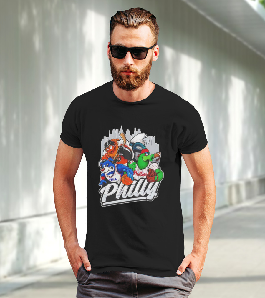 Philly Sports Mascots Basketball Baseball Hockey City Skyline T-Shirt