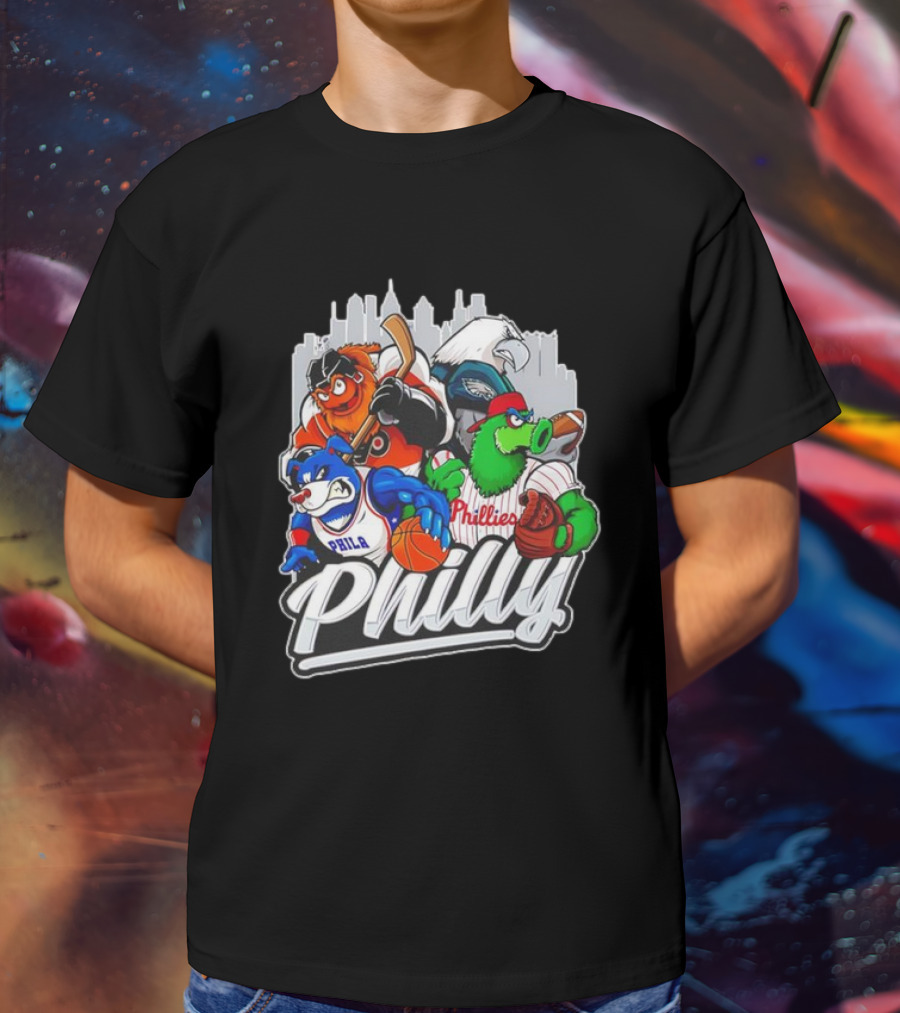 Philly Sports Mascots Basketball Baseball Hockey City Skyline T-Shirt