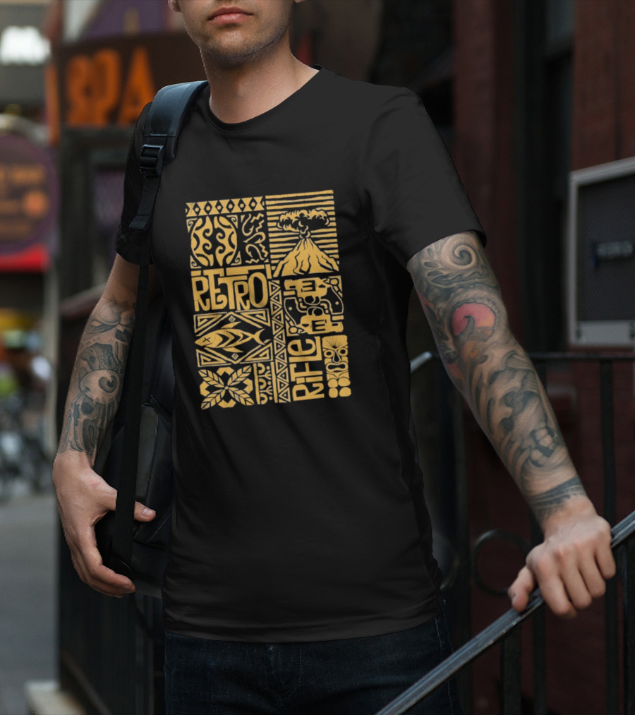 Retro Rifle Lei Em Down Pacific Island Tiki Volcano Palm Tree Ocean Waves Design T-Shirt