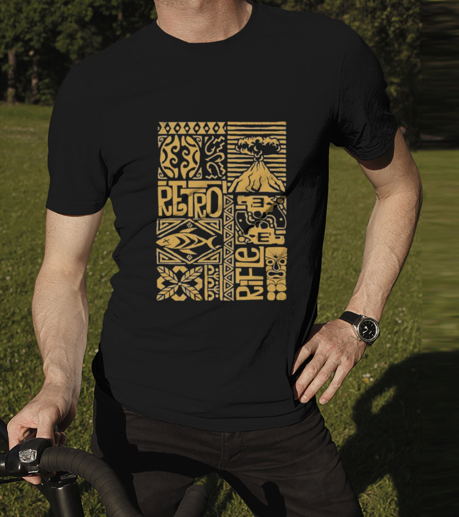 Retro Rifle Lei Em Down Pacific Island Tiki Volcano Palm Tree Ocean Waves Design T-Shirt