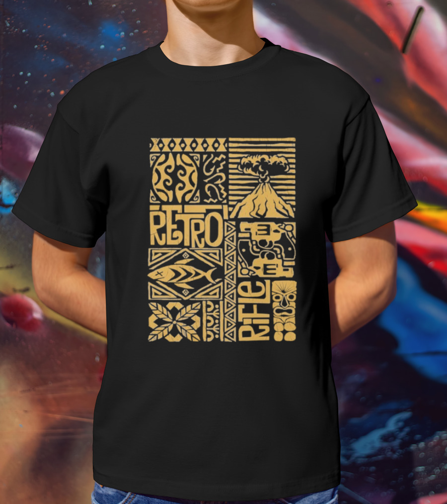 Retro Rifle Lei Em Down Pacific Island Tiki Volcano Palm Tree Ocean Waves Design T-Shirt