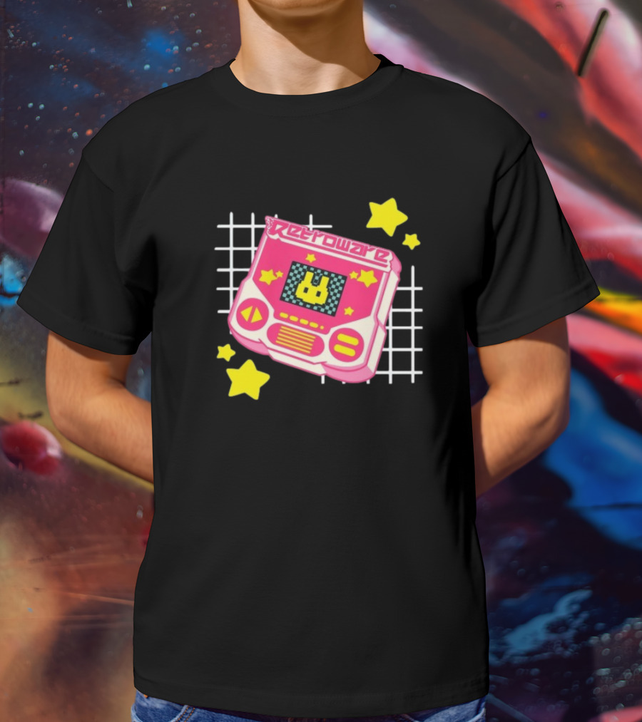 RetroWare Handheld Pink Star Arcade Pixel Bunny Game Typography T-Shirt