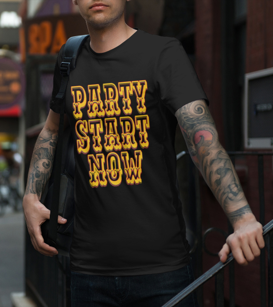 PARTY START NOW Bold Yellow Red Vintage Style T-Shirt