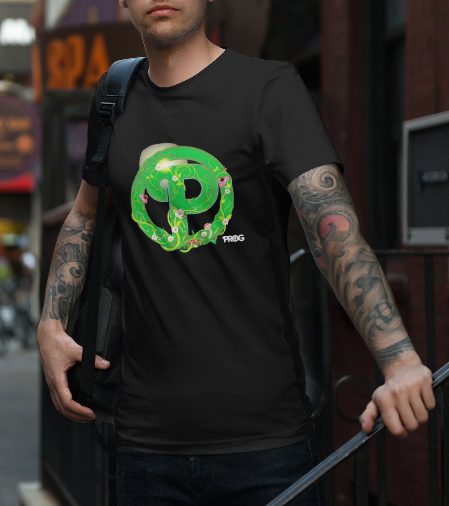 Prog Green Nature-Inspired Letter P With Flowers And Mushrooms T-Shirt