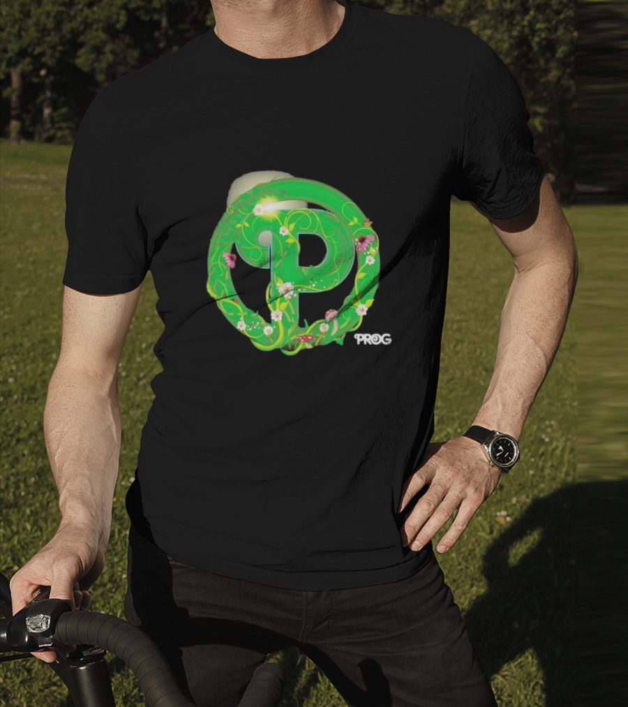 Prog Green Nature-Inspired Letter P With Flowers And Mushrooms T-Shirt