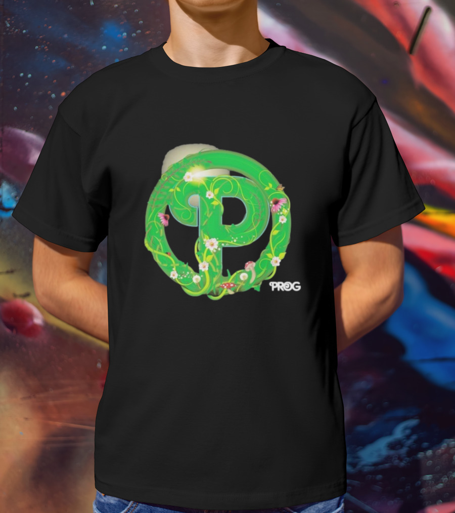 Prog Green Nature-Inspired Letter P With Flowers And Mushrooms T-Shirt