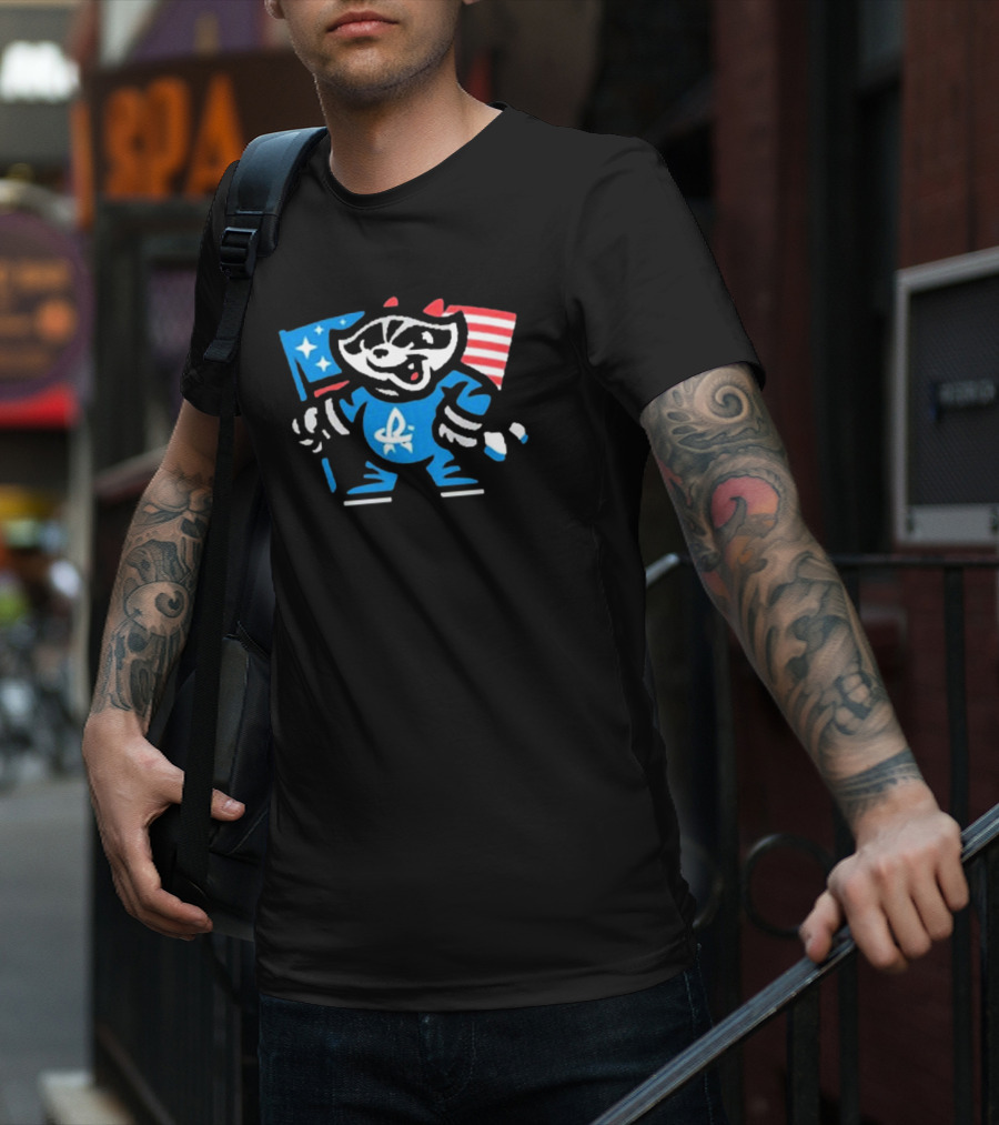 Rocket City Trash Pandas Mascot Holding American Flag And Rocket Logo T-Shirt