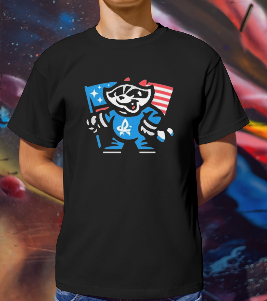 Rocket City Trash Pandas Mascot Holding American Flag And Rocket Logo T-Shirt