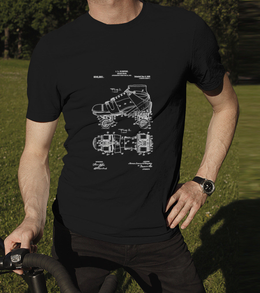 Roller Skate Patent Drawing With Adjustable Shoe Mechanism And Wheel Assembly T-Shirt