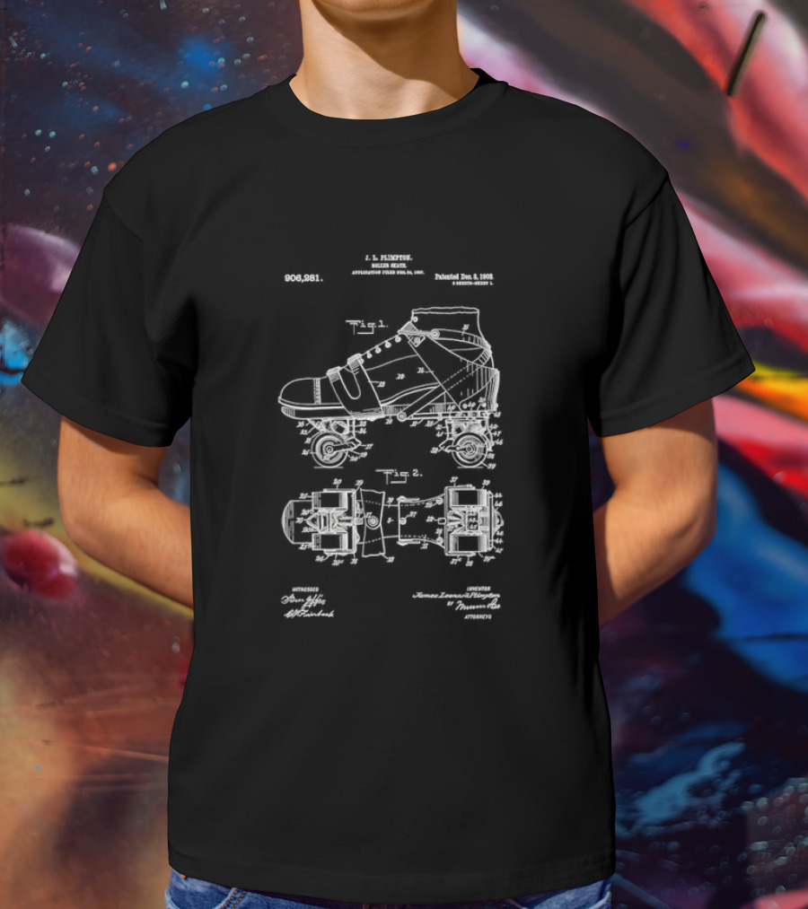 Roller Skate Patent Drawing With Adjustable Shoe Mechanism And Wheel Assembly T-Shirt