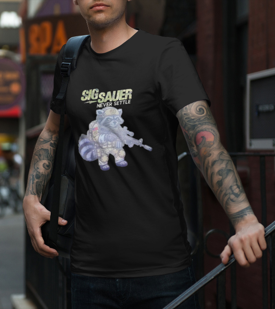 Raccoon Soldier Sig Sauer Never Settle Tactical Gear T-Shirt