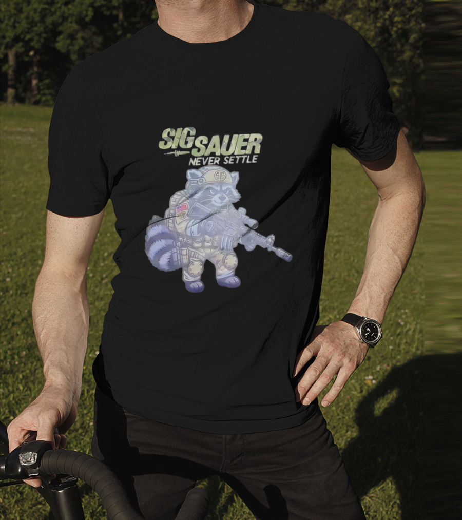 Raccoon Soldier Sig Sauer Never Settle Tactical Gear T-Shirt