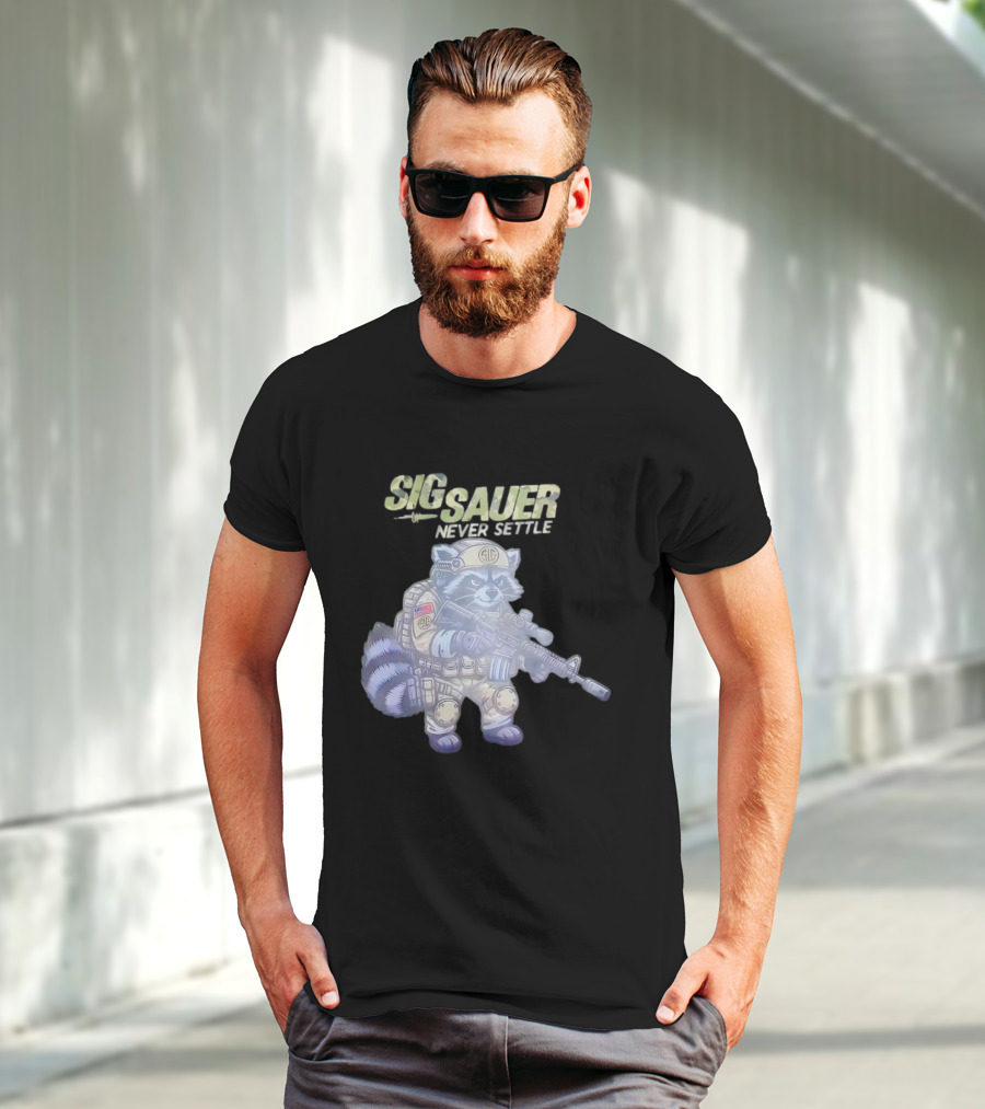 Raccoon Soldier Sig Sauer Never Settle Tactical Gear T-Shirt
