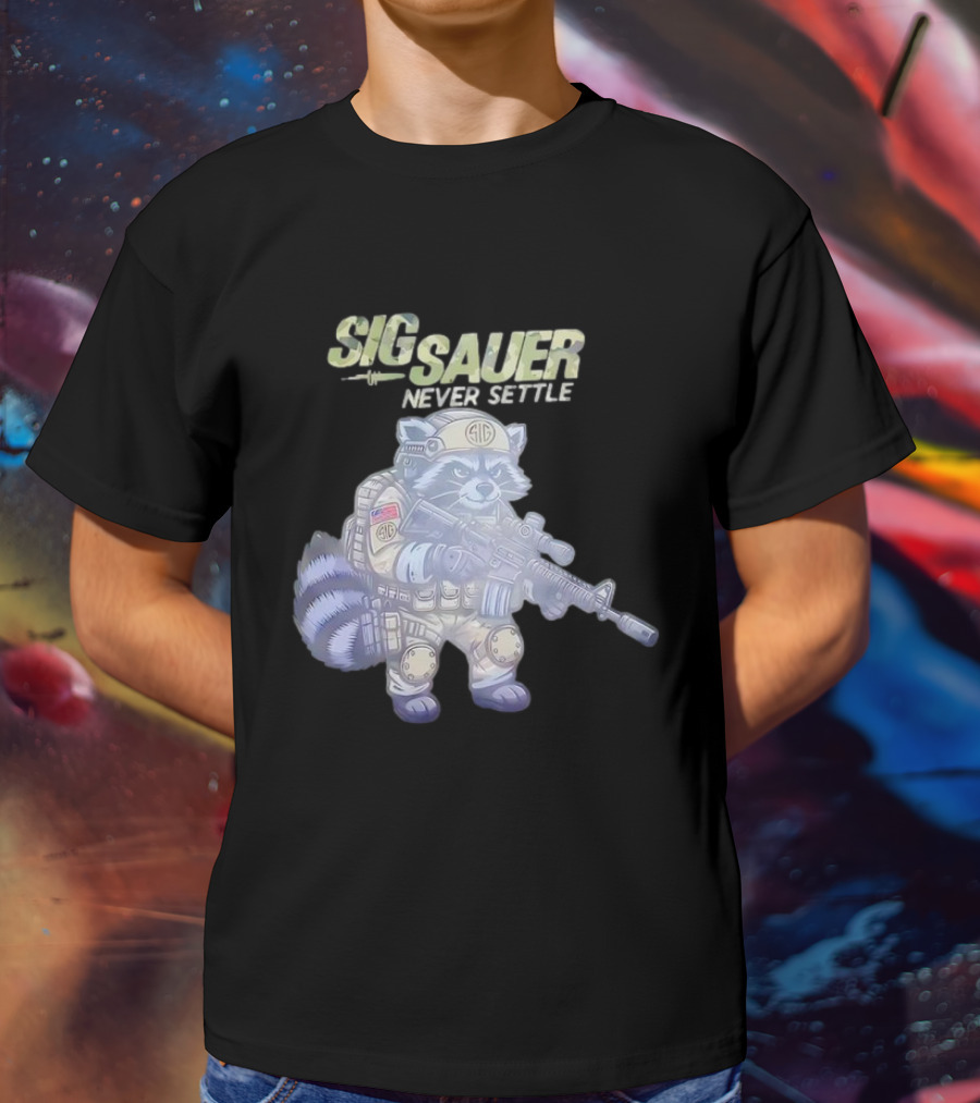 Raccoon Soldier Sig Sauer Never Settle Tactical Gear T-Shirt