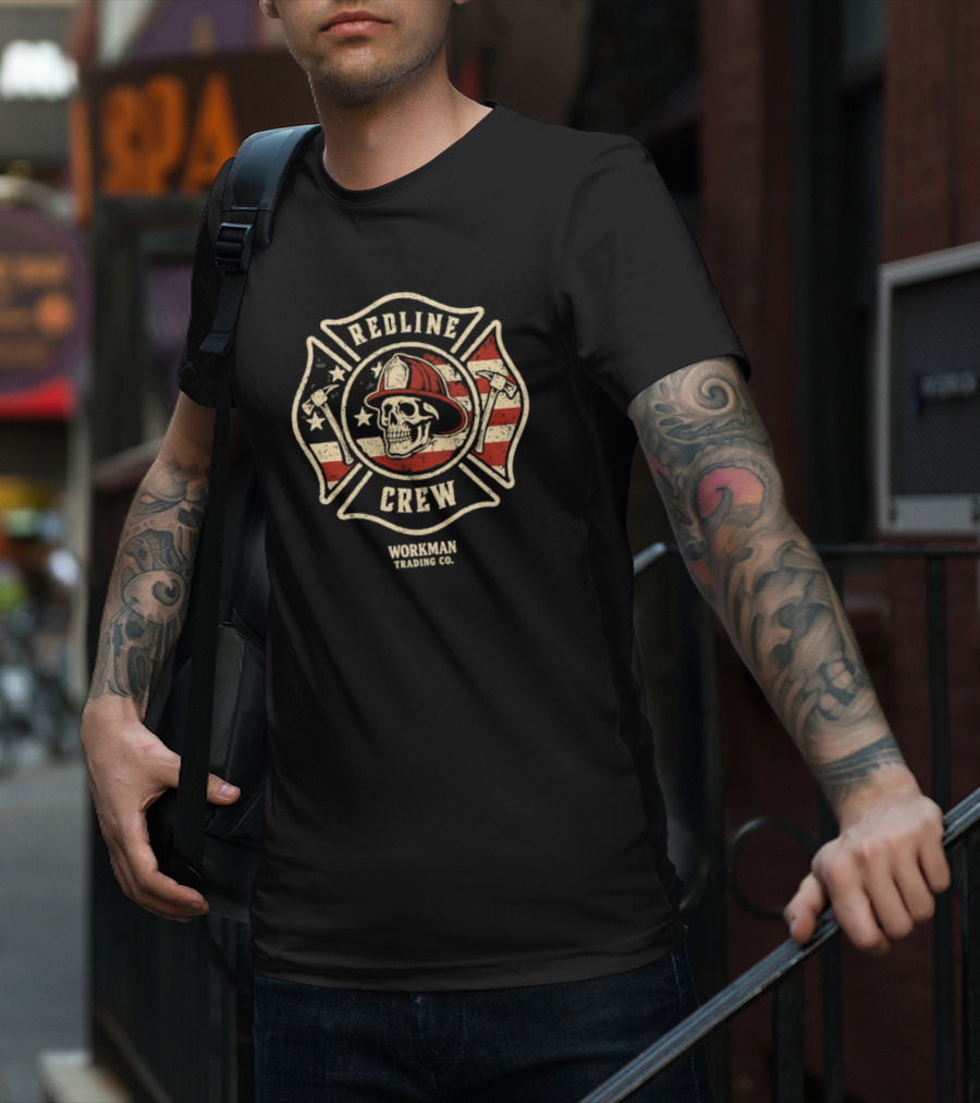 Redline Crew Workman Trading Co Skull Firefighter American Flag T-Shirt