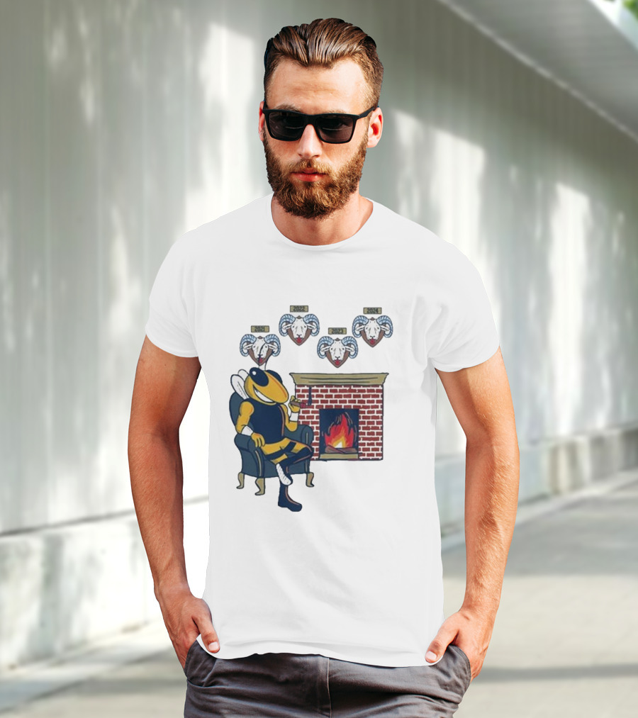 GT Mantel Pocket Yellow Jacket By Fireplace With Ram Trophies T-Shirt