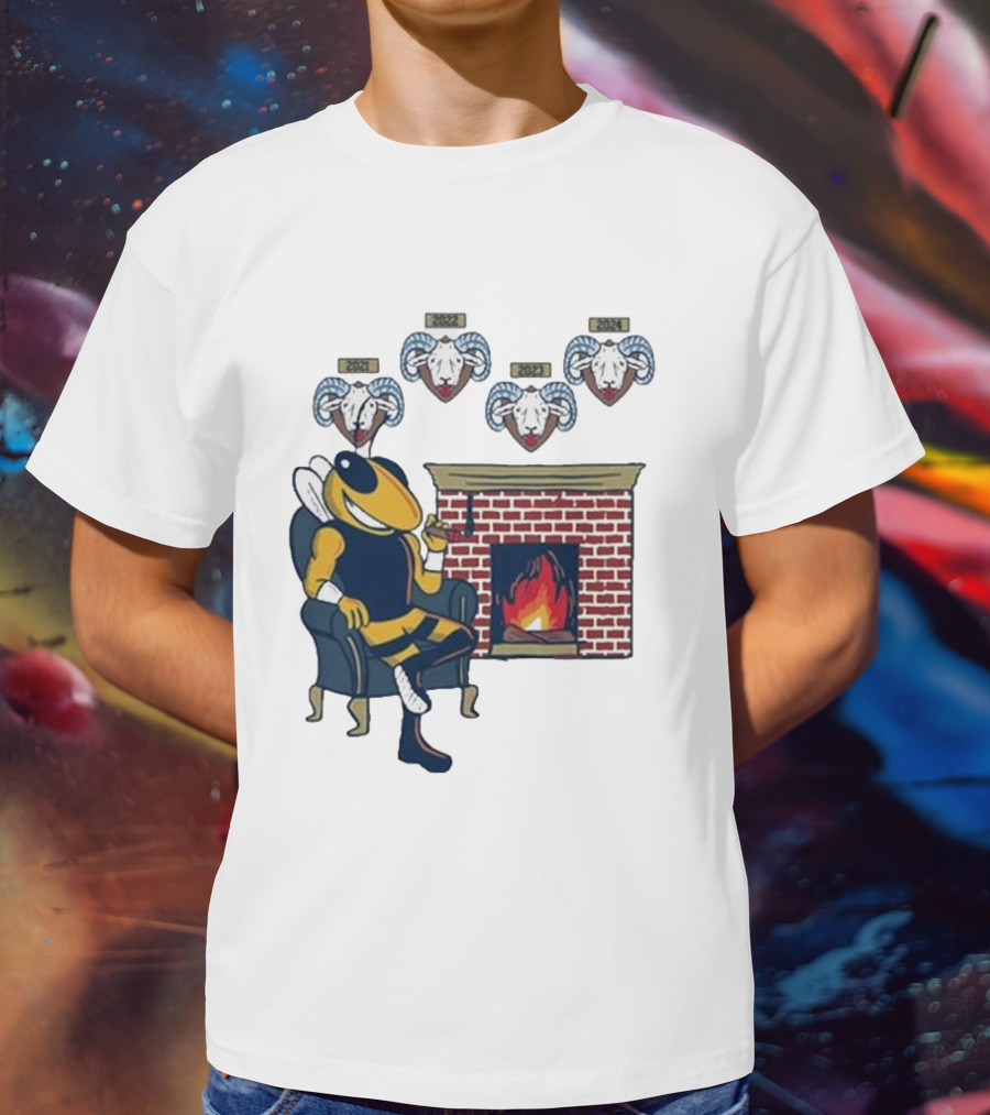 GT Mantel Pocket Yellow Jacket By Fireplace With Ram Trophies T-Shirt