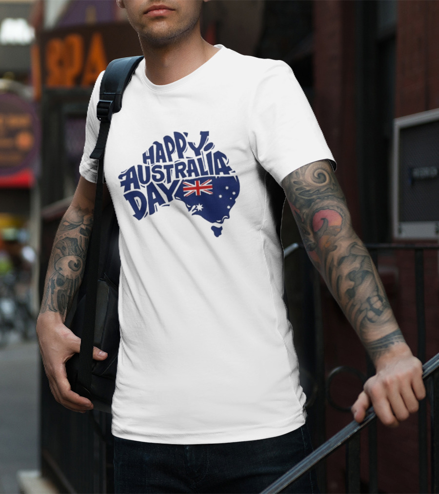 Happy Australia Day Map With Flag Inside Text T-Shirt